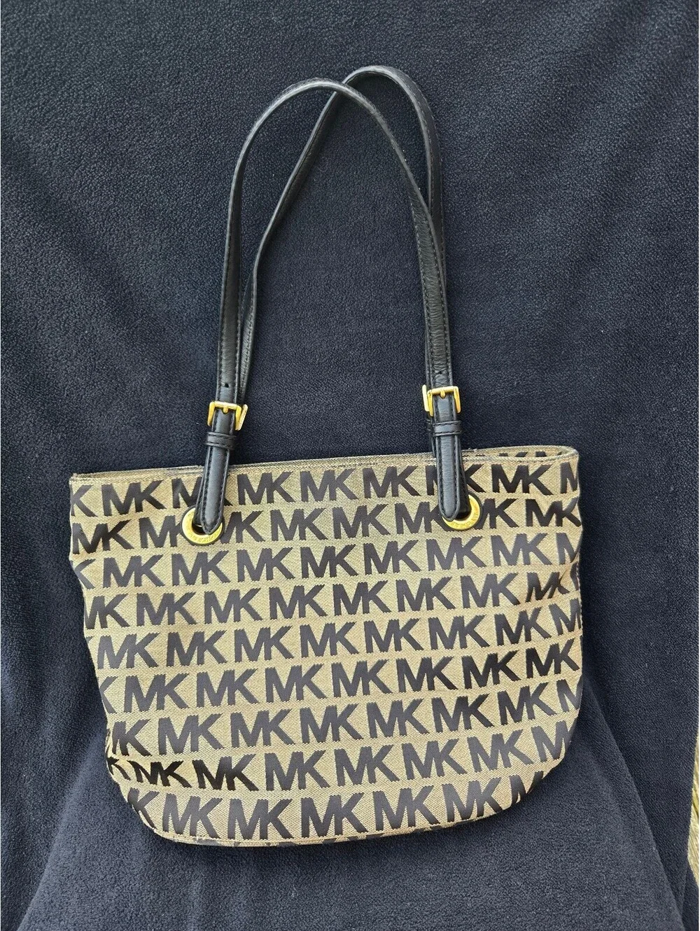 Michael Kors MK Logo Tote Bag Brown Black Canvas Leather Shoulder Handbag Purse